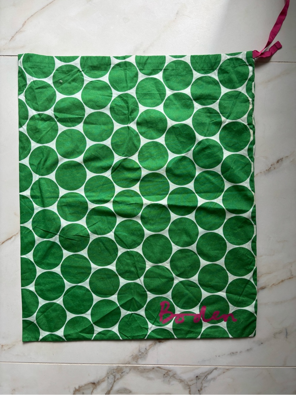 Boden Green Polka Dot Drawstring Pouch Dust Bag with Pink Tie 18”x22”